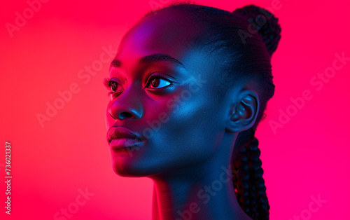 A portrait capturing the features of a black woman with striking blue eyes and braided hair.