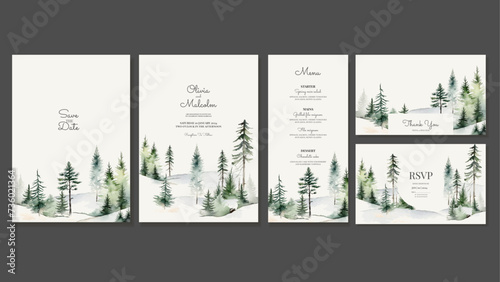Woodland Landscape Wedding Invitation and Thank You Card Templates. Spruces, Pines and Firs, Coniferous Forest in Watercolor Style. Vector