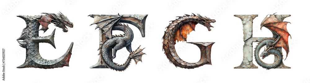 Letters E, F, G, H in dragon style. Unusual fantasy font on the transparent background. Letters E, F, G, H in dragon style. Unusual fantasy font on the transparent background.