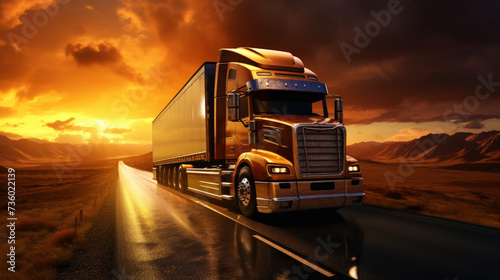 Truck on the asphalt road in rural landscape, sunset with dark clouds. Transport concept. Generative AI