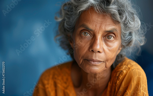 A multiracial woman with grey hair wearing a yellow shirt poses for a portrait.