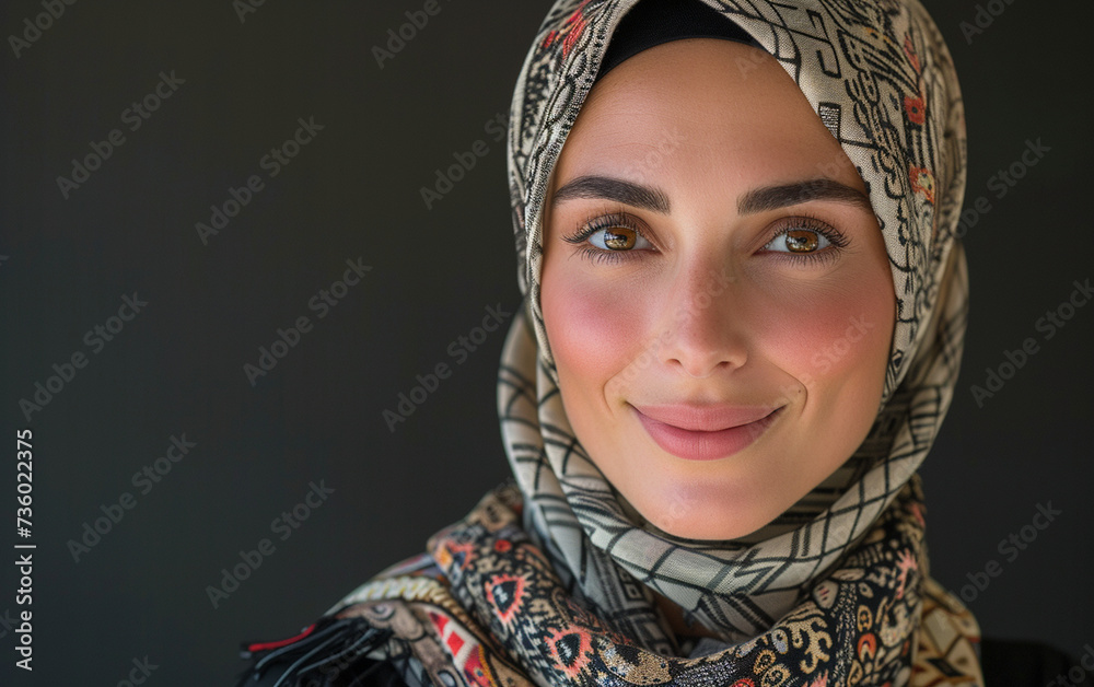 A multiracial woman wearing a headscarf smiles directly at the camera in a portrait photograph. A multiracial woman wearing a headscarf smiles directly at the camera in a portrait photograph.