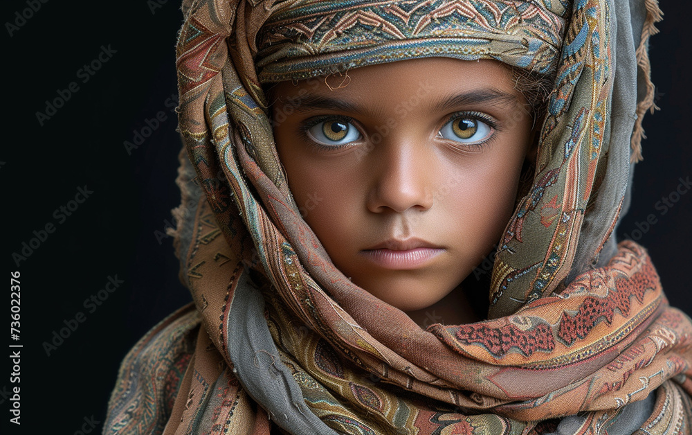A portrait of a young girl wearing a headscarf and scarf.