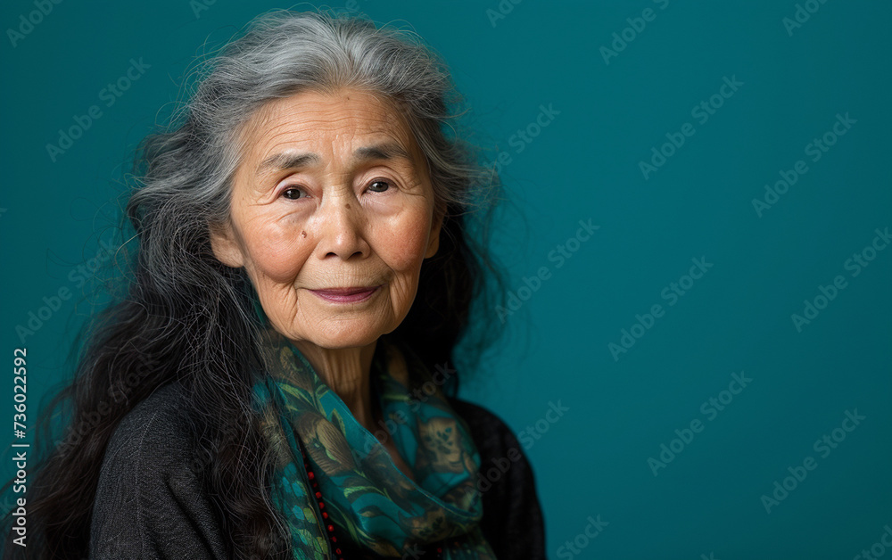 An unposed portrait of a multiracial elderly woman with long hair wearing a scarf, showcasing her unique beauty and character. An unposed portrait of a multiracial elderly woman with long hair wearing a scarf, showcasing her unique beauty and character.