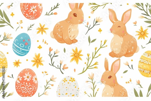 Watercolor illustration of easter theme with spring flowers plants and eggs, bunny 
