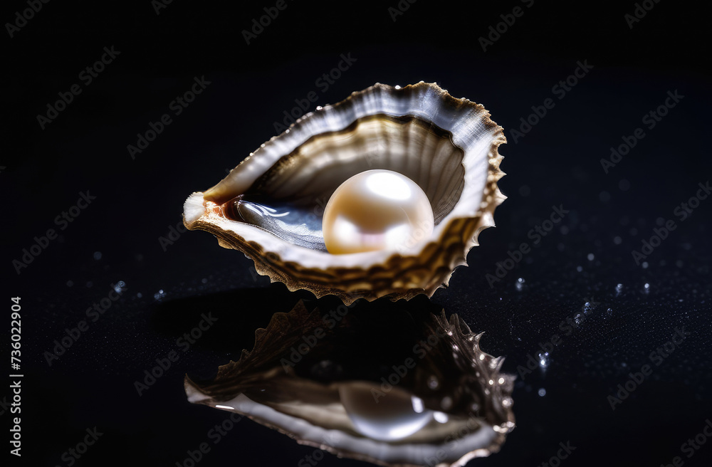 White pearl in oyster shell on mirrored black surface with space for text or design, sparkling water droplets. Precious pearls, natural stones, ocean treasure, necklace White pearl in oyster shell on mirrored black surface with space for text or design, sparkling water droplets. Precious pearls, natural stones, ocean treasure, necklace
