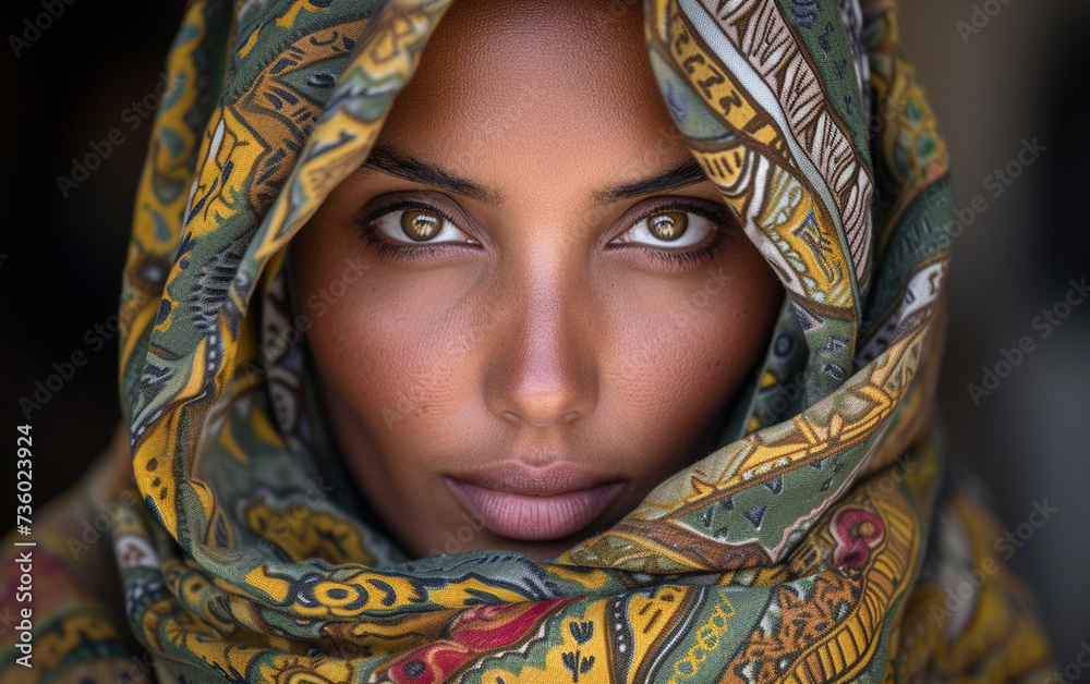 A portrait of a woman of multiple races wearing a scarf around her head.
