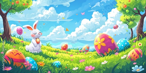 illustration of easter theme with spring flowers plants and eggs	
