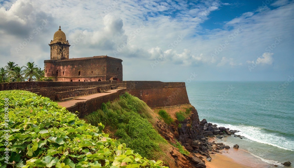 portrait of the old ruins of fort aguada on the seashores of goa with sky and clouds