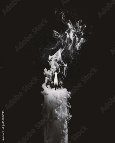 Burning candle with smoke on black background, monochrome image