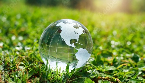 crystal planet earth globe with world map on green grass on a meadow symbol for sustainability environment protection green energy technology concept © Deanne