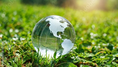 crystal planet earth globe with world map on green grass on a meadow symbol for sustainability environment protection green energy technology concept