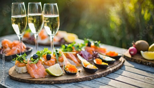 catering buffet food delicious colorful fish appetizers and sparkling wine celebration party