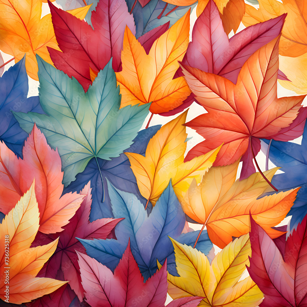 Seamless pattern with colorful autumn leaves. Watercolor illustration.