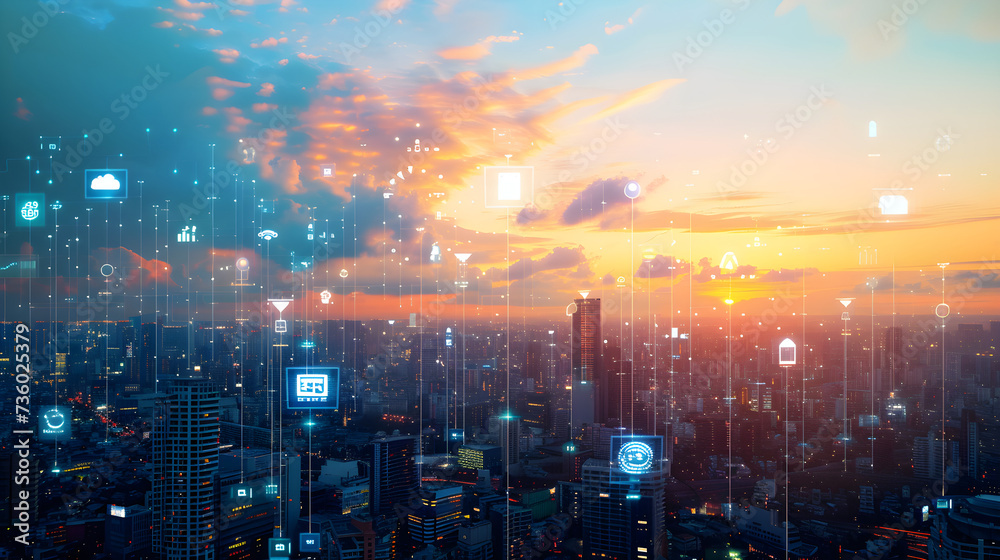 Fototapeta premium Digital Transformation of a Cityscape at Sunset with Glowing Data Icons and Technological Abstraction
