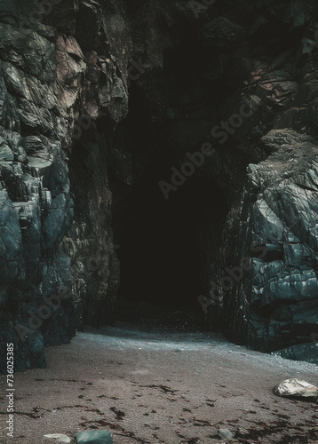 The entrance to the cave with a dark hole in the rock.
