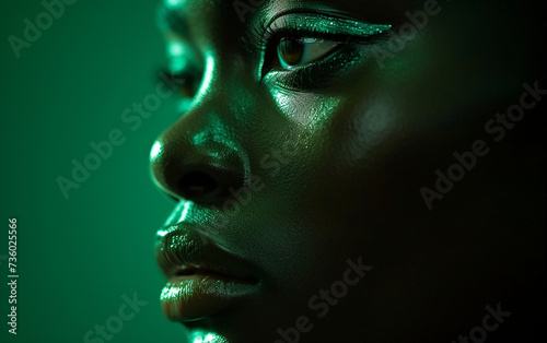 A detailed view of a womans face against a vibrant green backdrop, showcasing her features and expression.