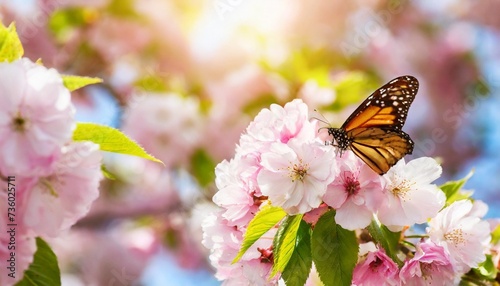 beautiful spring bright natural background with soft pink sakura flowers close up and butterfly © Deanne
