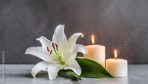 funeral white lily and burning candles on grey background banner design