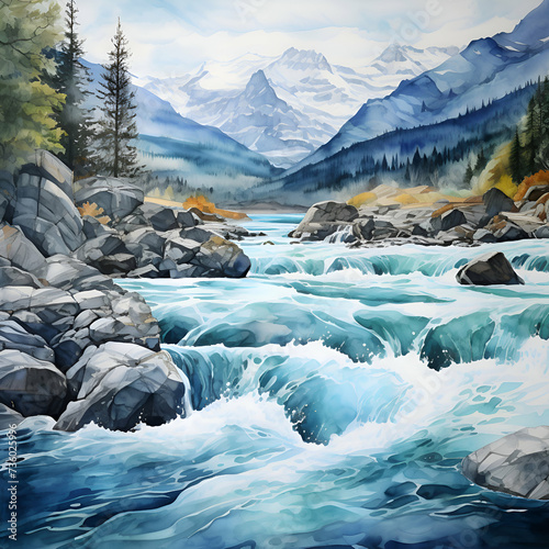 Digital painting of a mountain river in the Rocky Mountains of Canada.