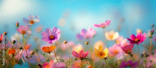 Vibrant and colorful flowers blooming in the vast blue sky on a sunny day