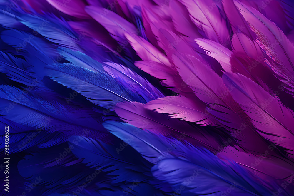 Delicate abstract background. Dark blue, pink feathers, photo, ultramarine, minimalistic, realistic and at the same time ethereal. Blue feathers for brochure, notepad, voucher, invitation. Luxury.