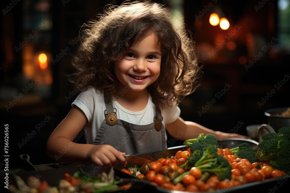 A little girl cutting vegetables and looking camera Generative AI A little girl cutting vegetables and looking camera Generative AI