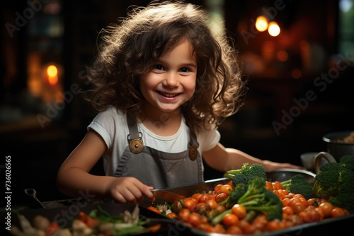 A little girl cutting vegetables and looking camera Generative AI