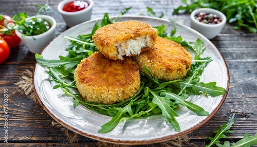freshly made deliciious fried crab cakes on a bed of green arugula served on a plate traditional food of american cuisine whole food balanced diet concept