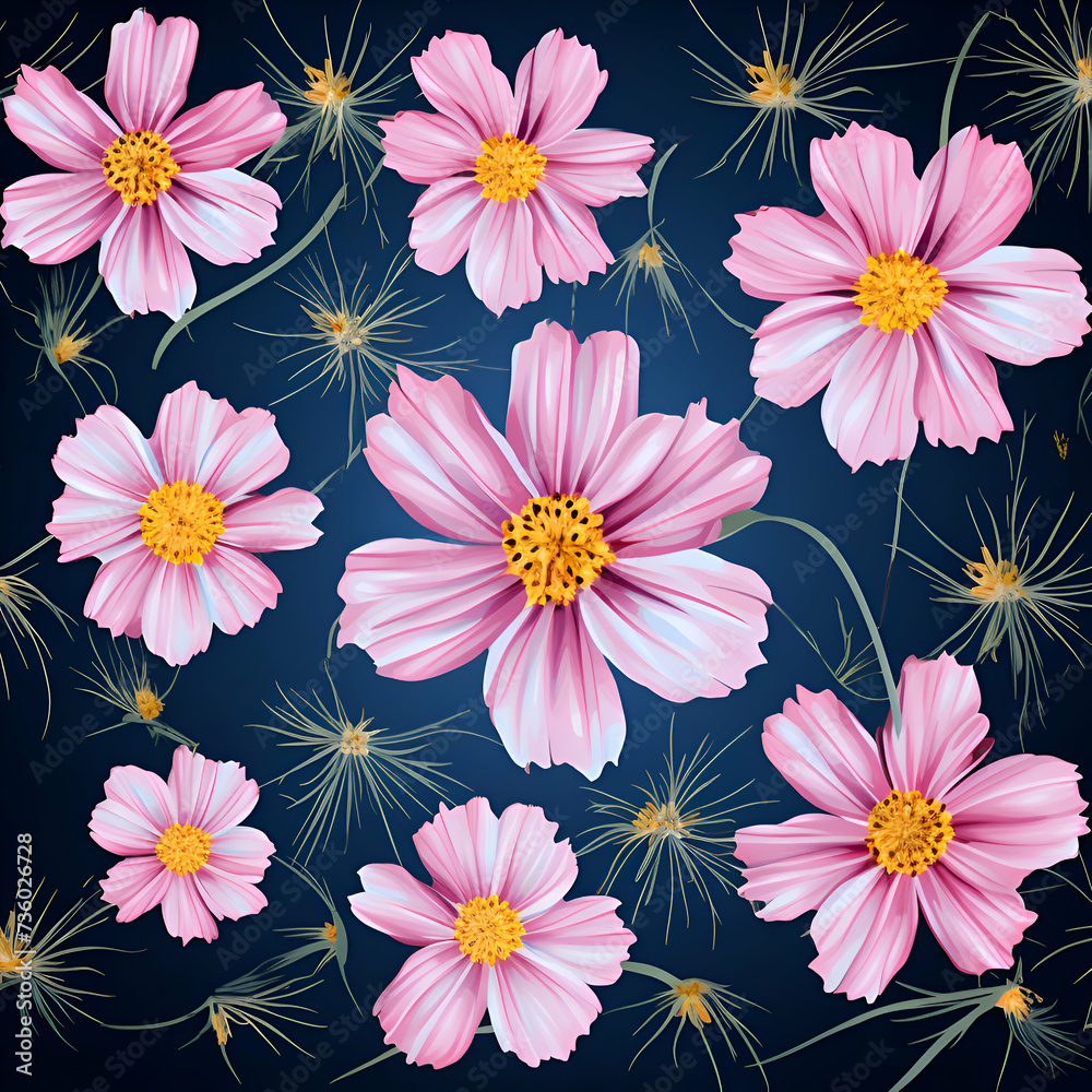 Seamless floral pattern with cosmos flowers and dandelions.