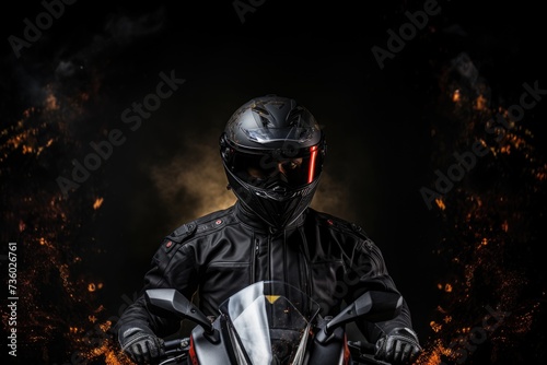 The sports driver sitting on racer bike with helmet looking camera Generative AI © Saim Art
