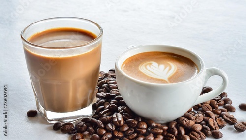 coffee milk and coffee beans on white background