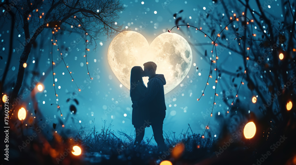 Caucasian couple kissing against the background of bokeh of hearts. Romantic night. Love engagement concept. Generative AI Caucasian couple kissing against the background of bokeh of hearts. Romantic night. Love engagement concept. Generative AI