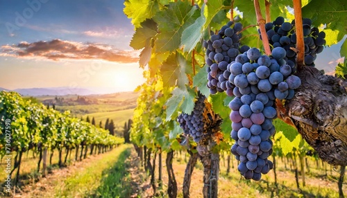 ripe grapes in vineyard at sunset tuscany italy photo