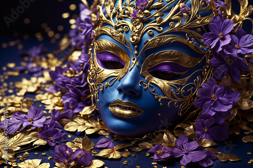 Mardi Gras carnival mask and beads on purple background. Costume party flyer for carnivals. Holidays mardi gras masquarade. venetian mask fan golden, purple