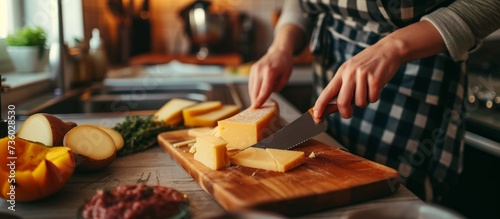 Person delicately slicing a block of cheese on a wooden cutting board at a kitchen table