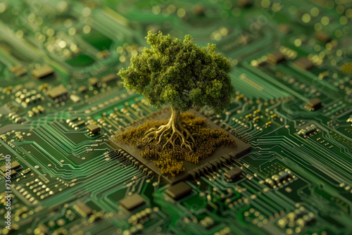 Miniature tree growing on computer mother board. Green technology  green IT and IT ethics concept.
