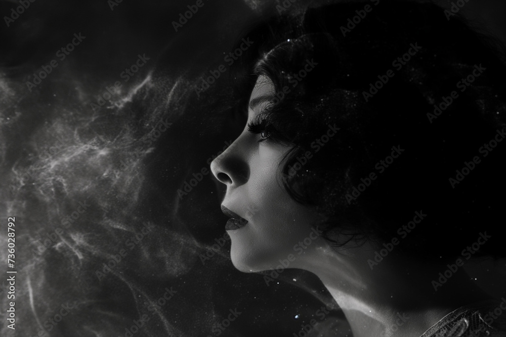 The woman in the shadows among the smoke concept of loneliness