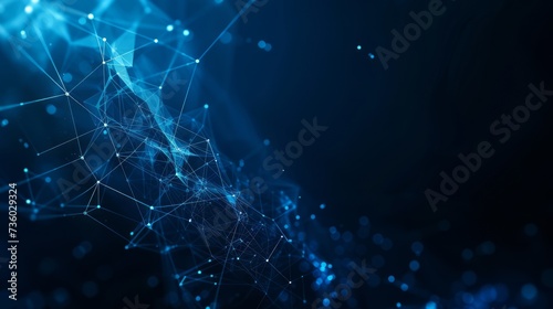 Abstract network structure, connected dots, network connections, blue and white colored lines, and dots form a 3D Polygon, suitable for information and technology-themed backgrounds. AI Generated.