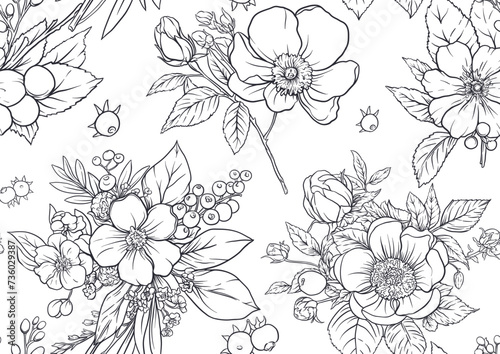 Boutonniere of wild rose flowers and berries Seamless pattern, background. Outline hand drawing vector illustration. In botanical style