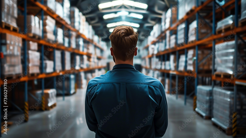 Man facing warehouse aisles, representing logistics, management, organization, inventory and business. - obrazy, fototapety, plakaty 