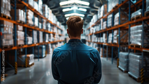 Man facing warehouse aisles, representing logistics, management, organization, inventory and business.
