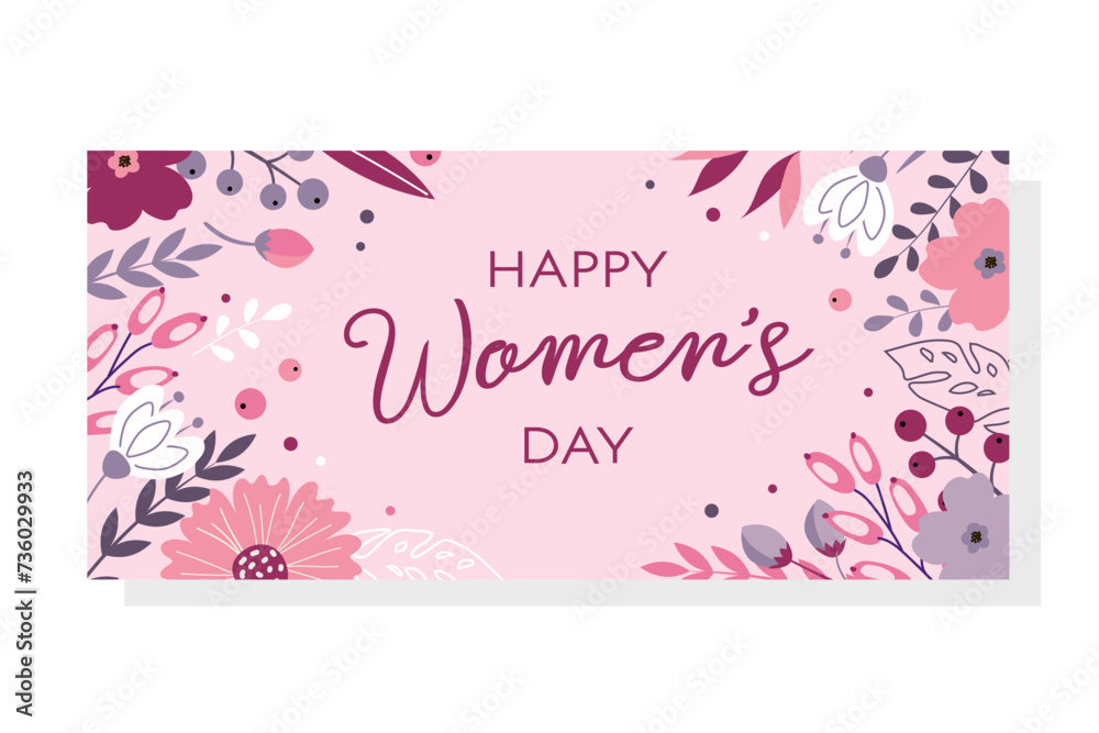 Happy March 8 and International Women's Day. Greeting card with floral pattern, flowers and leaves. Modern flat design. Happy March 8 and International Women's Day. Greeting card with floral pattern, flowers and leaves. Modern flat design.