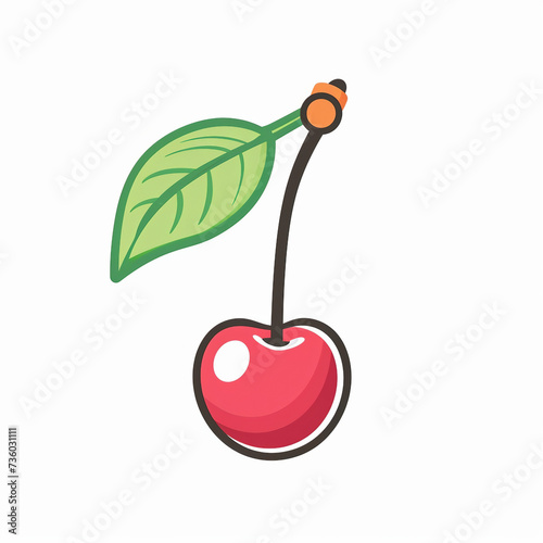 Flat vector logo of a playful cherry with stem and leaves