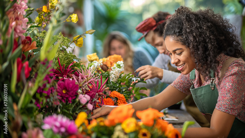 A black ethnic flower shop worker chooses flowers for a bouquet. Happy African American woman smiling while holding decorative flower. Shopping and gardening concept.