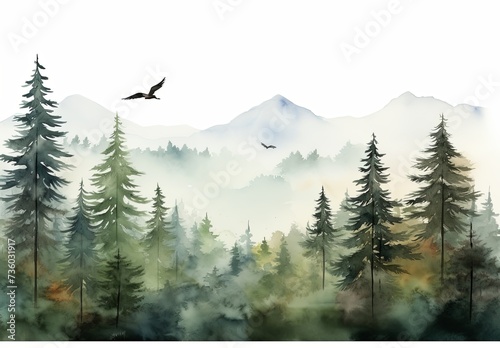 Serene Forest Mist - Watercolor Landscape with Birds in Flight