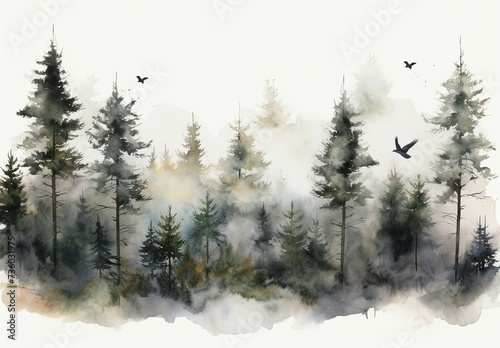 Serene Forest Mist - Watercolor Landscape with Birds in Flight © Tim