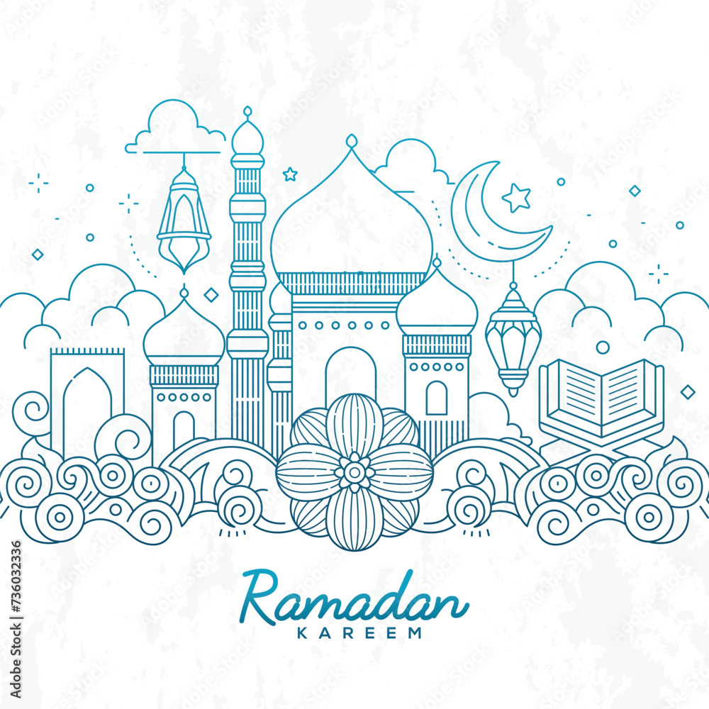 Illustration of vector modern simple line flat design website banner, header with a Muslim people and Islamic symbols in Ramadan kareem
