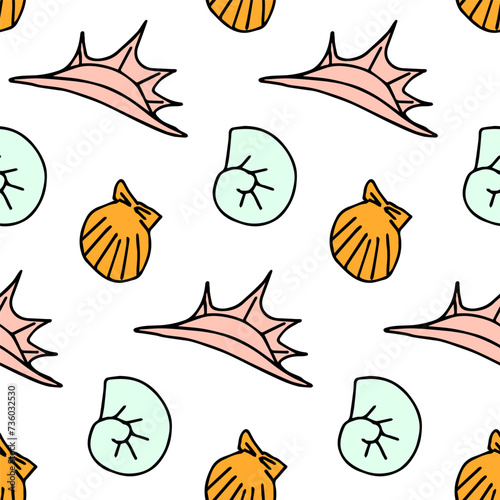 stylized groove pattern with different shells. Summer background. wrapping paper