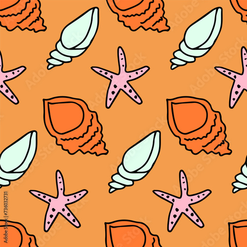 stylized groove pattern with different shells and starfish. Summer background. wrapping paper